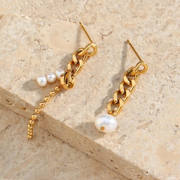 Asymmetrical Dainty Drop‎ Pearl Earrings 18K Gold Plated Stainless Steel - Picture 7 of 11